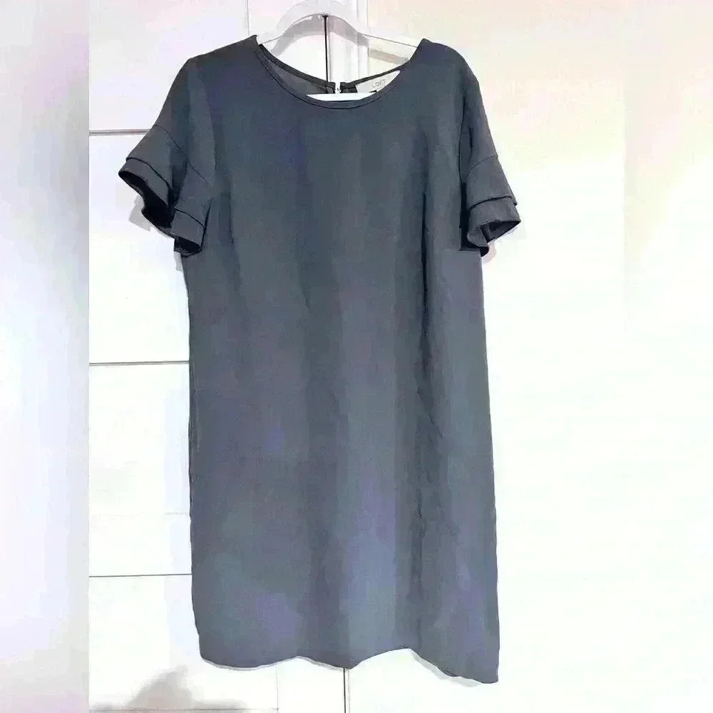 Ann Taylor LOFT Gray Blue Ruffle Short Sleeve Shift Dress- Size 14- EUC